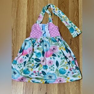 Spring Floral Dress,Ruffled, Halter, Pink + Blue, Toddler Girl Size XS (2T)